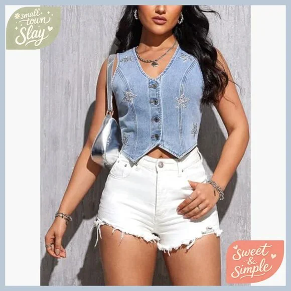 Sleeveless Denim Vest Top with Rhinestone Star Buttons and V-Neck